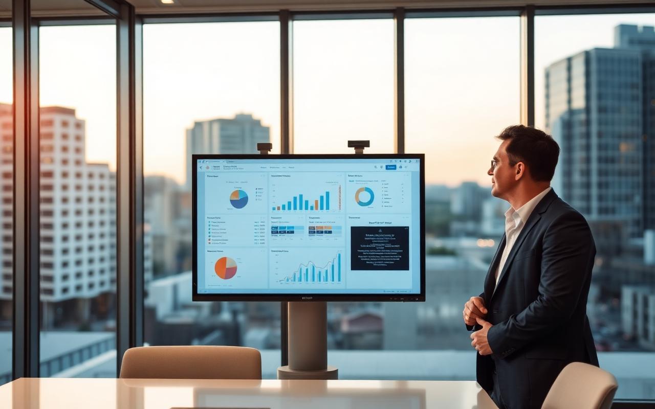 Consultants analysing analytics on a large monitor at sunset