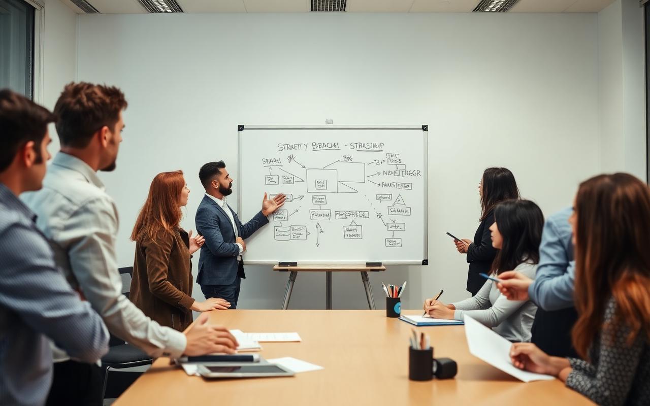 Strategy workshop around a whiteboard with diagrams