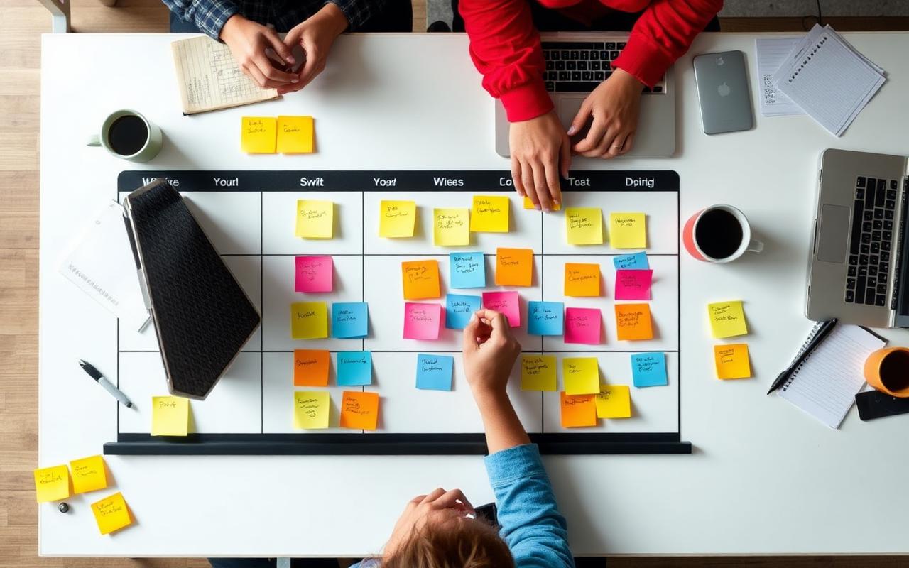 Overhead view of sprint planning with sticky notes on a whiteboard