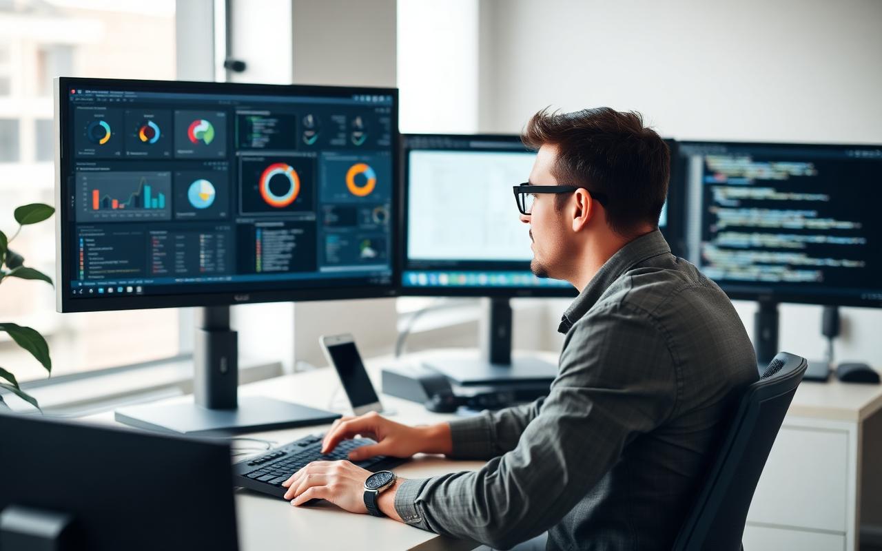 Developer and analyst pair-working at dual monitors with dashboards